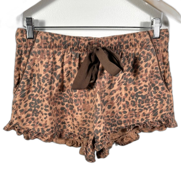 Aerie Brown Leopard Print Ruffle Trim Pajama Flannel Boxer Shorts Size Medium - Picture 4 of 16